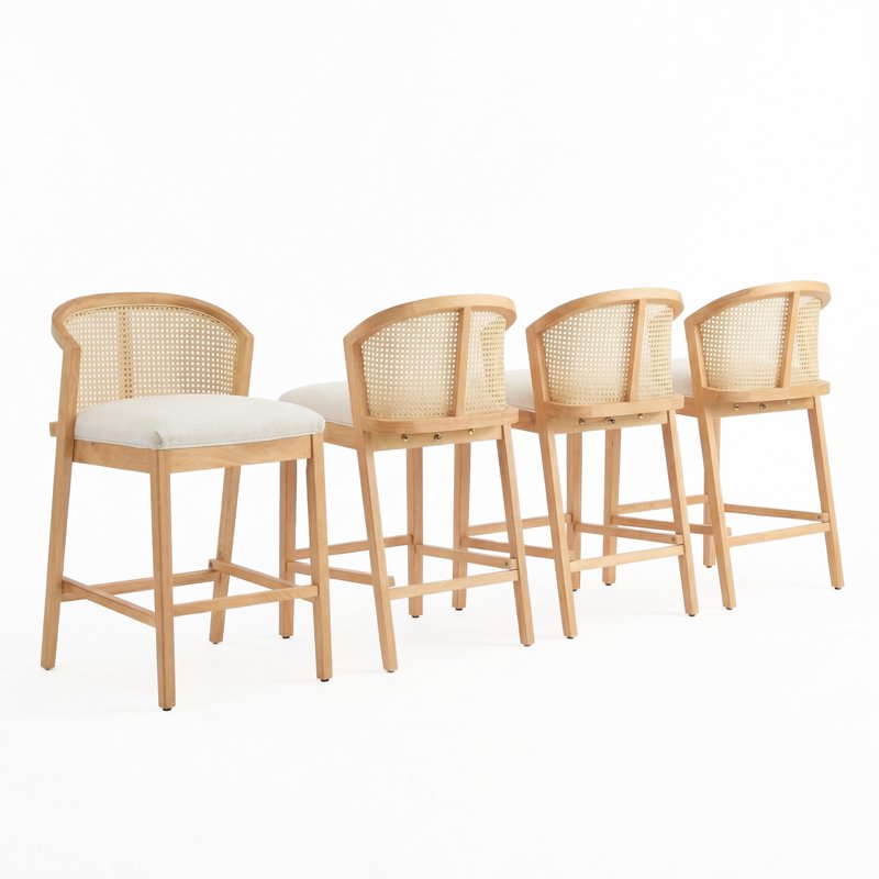 Counter Height Bar Stools - Wood Frame & Rattan Backrest, Natural Finish, Set of 4