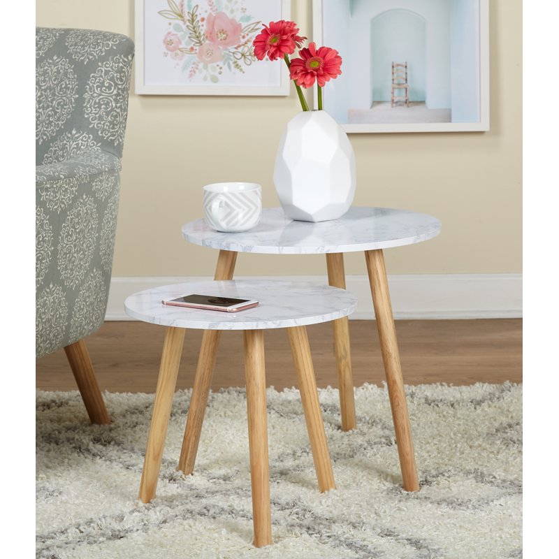 Modern Round Nesting End Tables Set - Faux Marble Tops