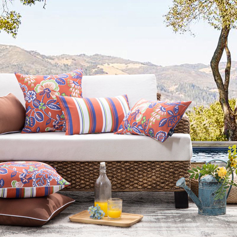 Outdoor Waterproof Floral Throw Pillow Set 12x20 Inch Orange Red - Pack of 2