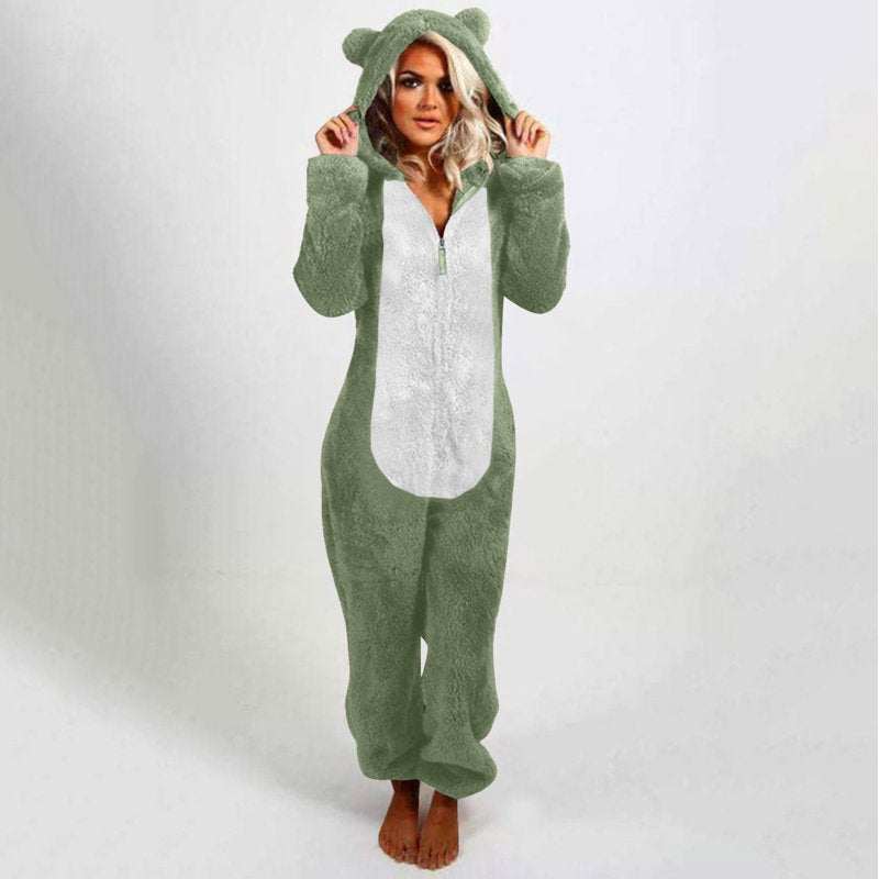 Women's Fleece Pajama Jumpsuit with Ear Hood - Army Green XXL