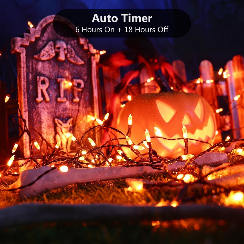 Halloween String Lights 33ft 100 LED Battery-Powered Waterproof Outdoor Indoor Orange & Purple