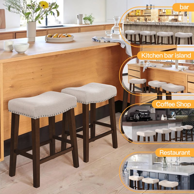 26" Counter Height Bar Stools Set of 3 - Beige Fabric Saddle Chairs
