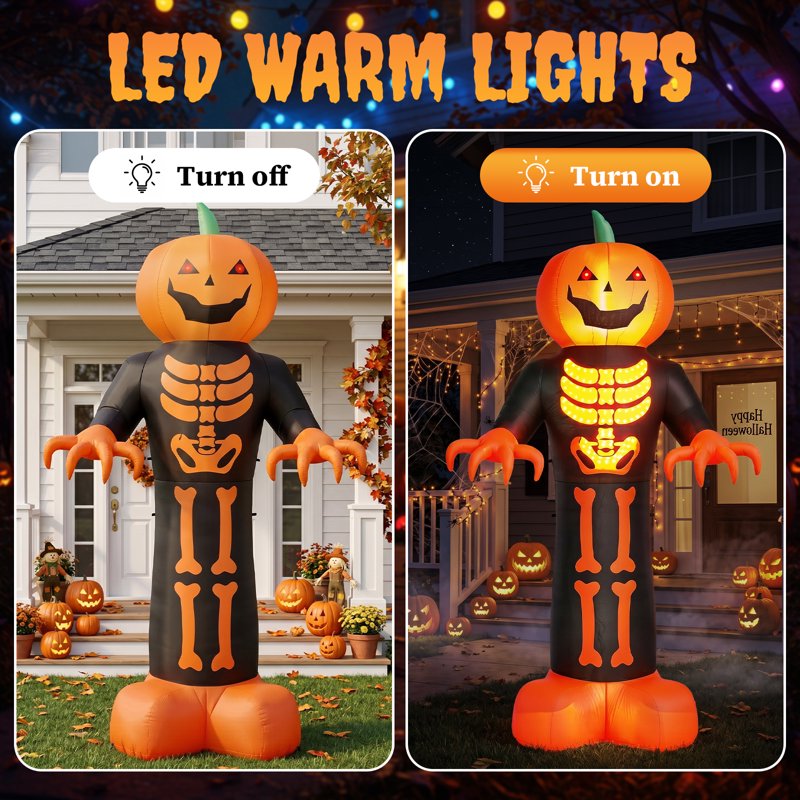 12 FT Halloween Inflatable Pumpkin with 3D Glowing Skeleton Chest and LEDs
