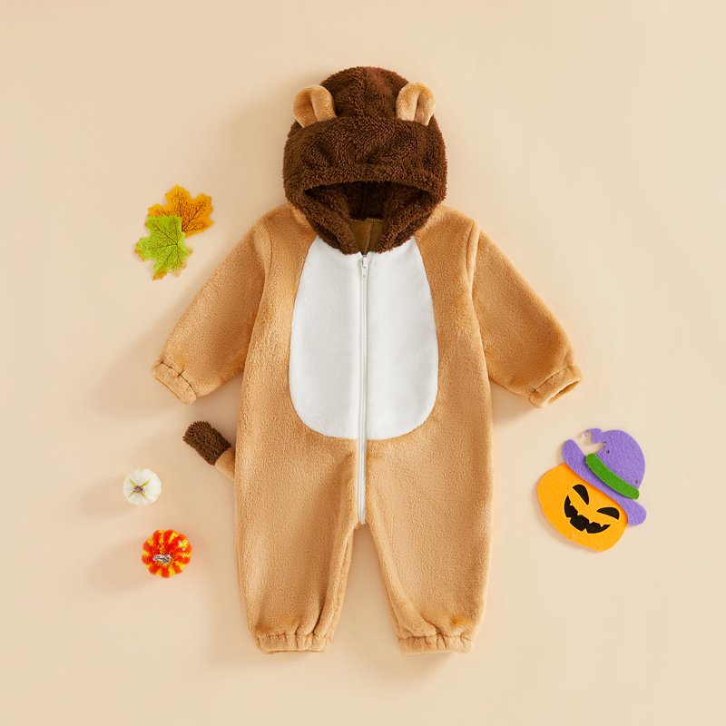 Toddler Baby Lion Costume Jumpsuit for 12-18 Months - Khaki Fleece Romper Halloween Cosplay Outfit