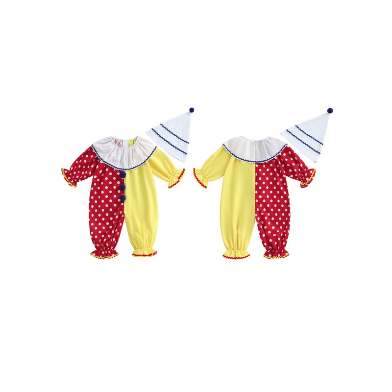 Kids Toddler Clown Costume Set - Red Yellow Romper & Hat for 6-12 Months