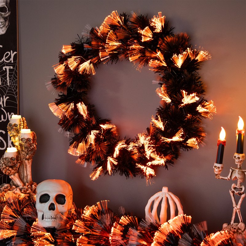 24-Inch Black Halloween Wreath with Orange and Purple LED Fiber Optic Lights