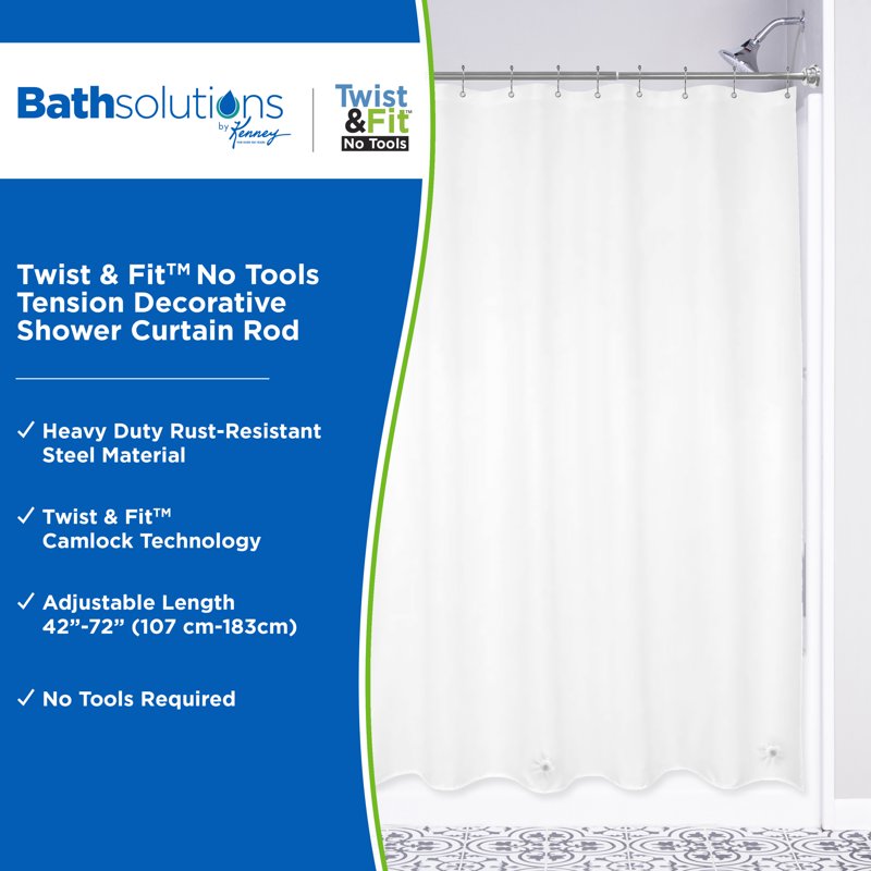 Adjustable Shower Curtain Rod 42-72 Inches Rust-Resistant Steel No Tools Installation