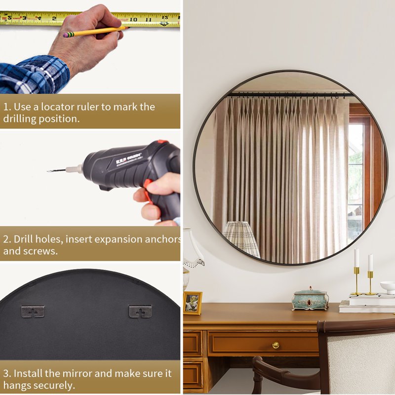 30 Inch Black Round Wall Mirror - Aluminum Frame Bathroom Mirror - Easy4Home 30"