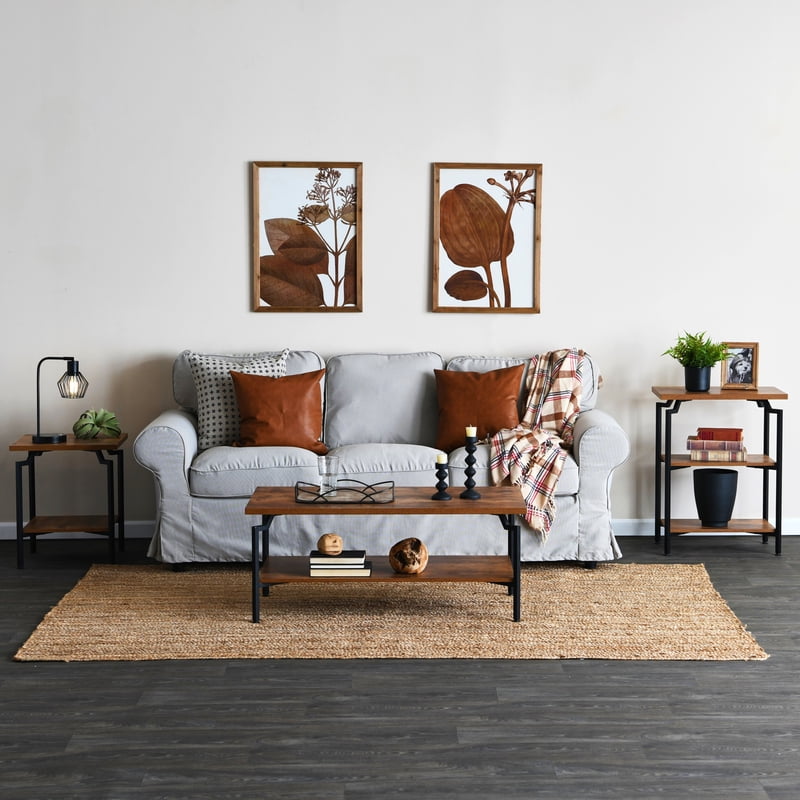 Rustic Coffee Table with Storage Shelf - 2-Tier Design