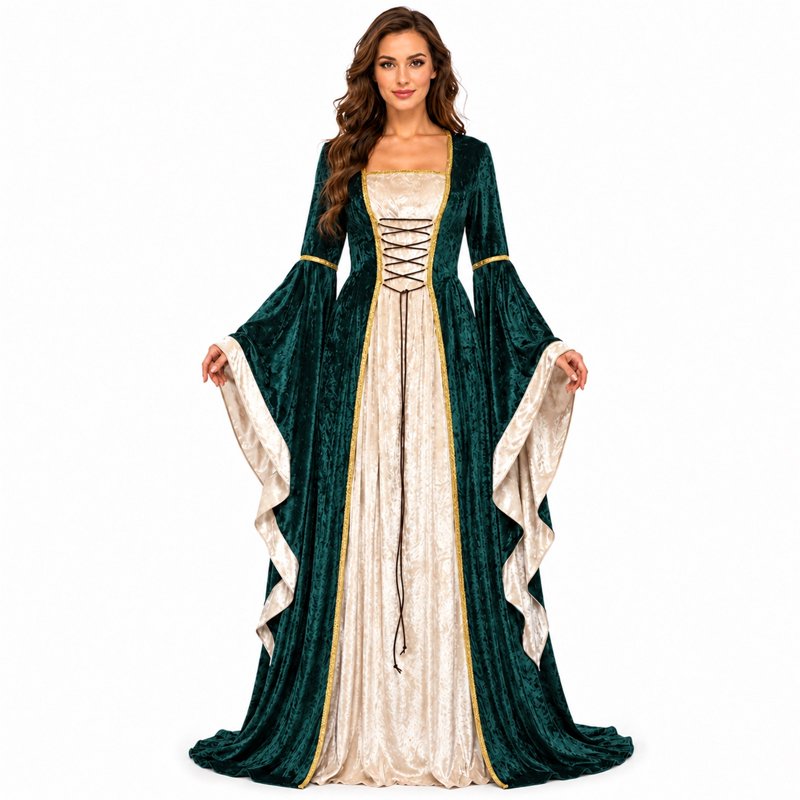 Women Gothic Witch Costume Dress - Halloween Renaissance Medieval Velvet L - White