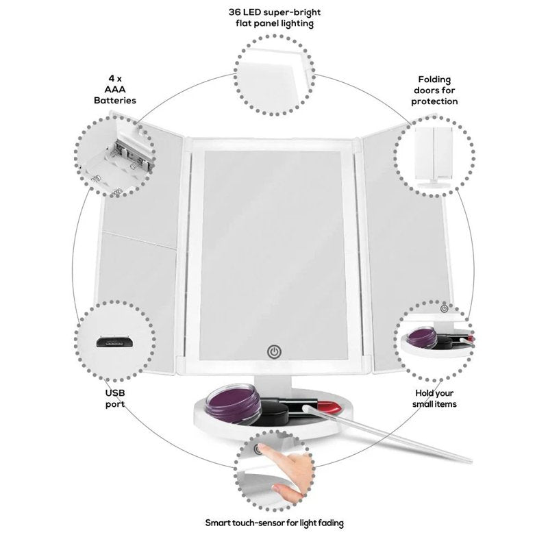 Tri-Fold LED Makeup Mirror with Lights and Adjustable Touch Screen