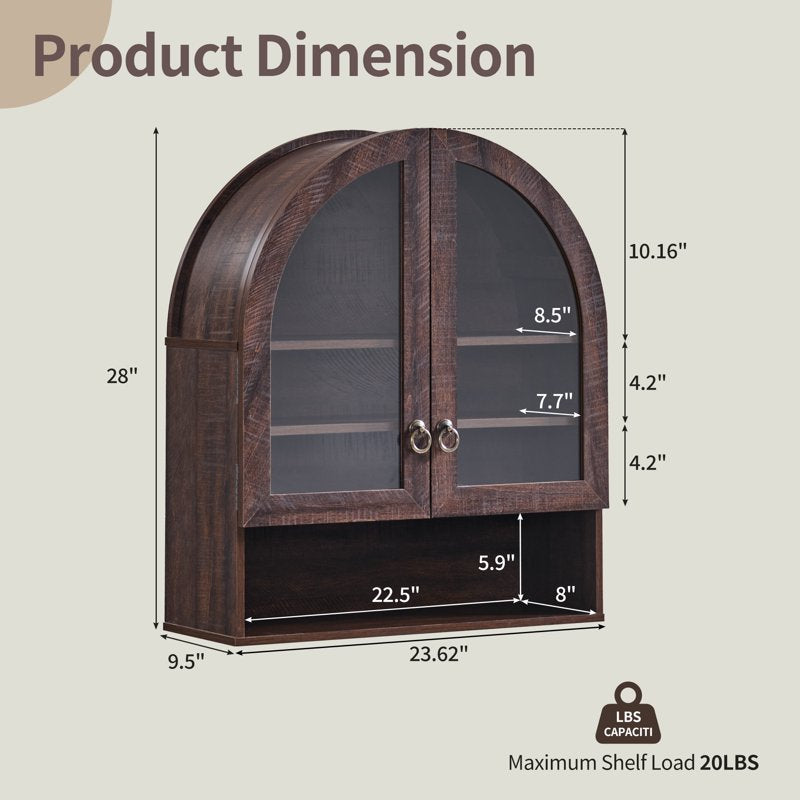 SinCiDo Brown Bathroom Medicine Cabinet with Arched Glass Doors & Adjustable Shelves - Over Toilet Wall Storage