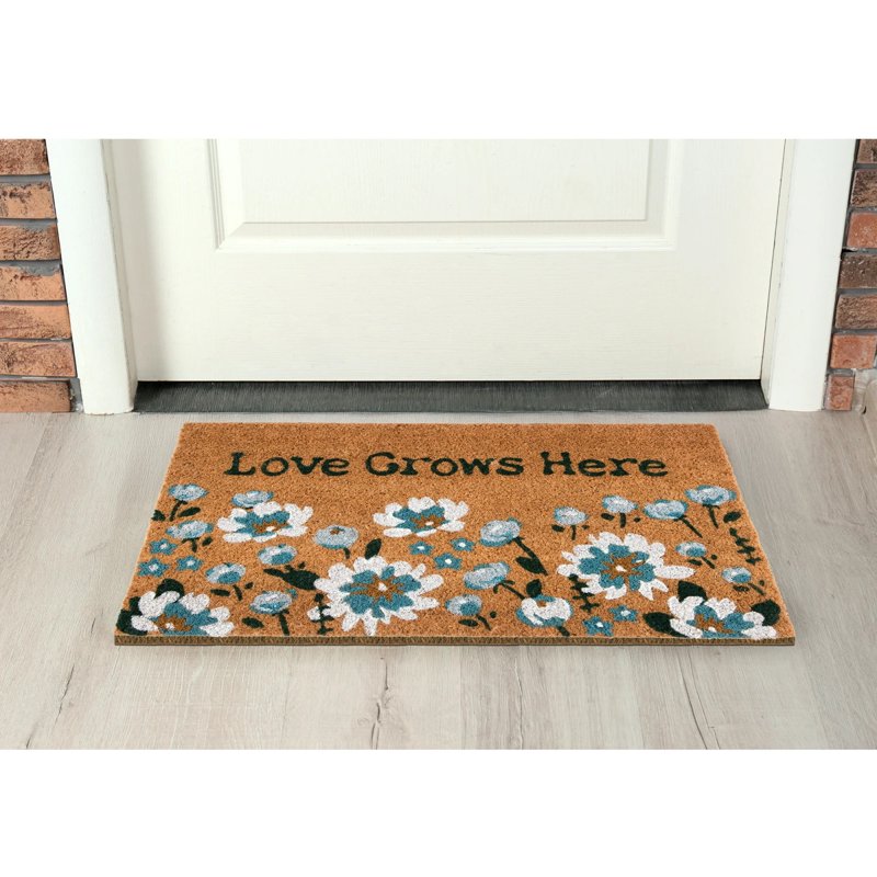 Outdoor Coir Doormat 18x30 Inch - Love Grows Here Floral Entry Rug - Non-Slip Home Entrance Mat