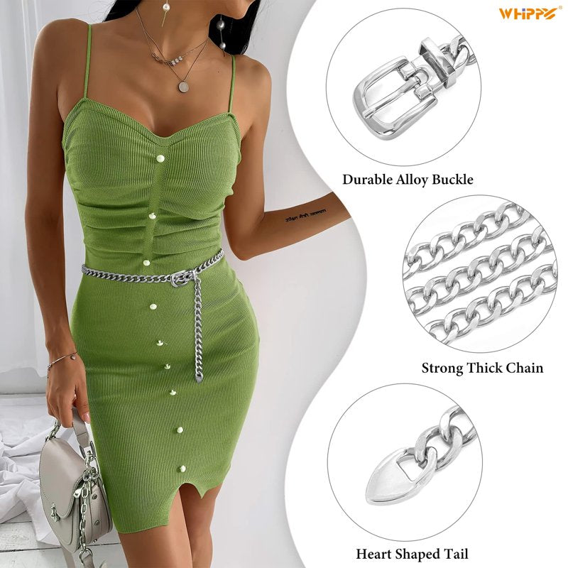 Whippy Silver Chain Belt for Women Adjustable Metal Waist Accessory G-Silver - Up to 52"