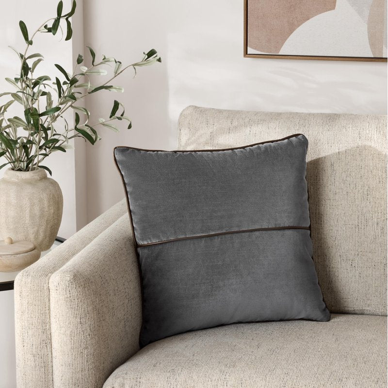 Grey Flannel Velvet Decorative Pillow Cover 18x18 with Faux Leather Trim - Mainstays