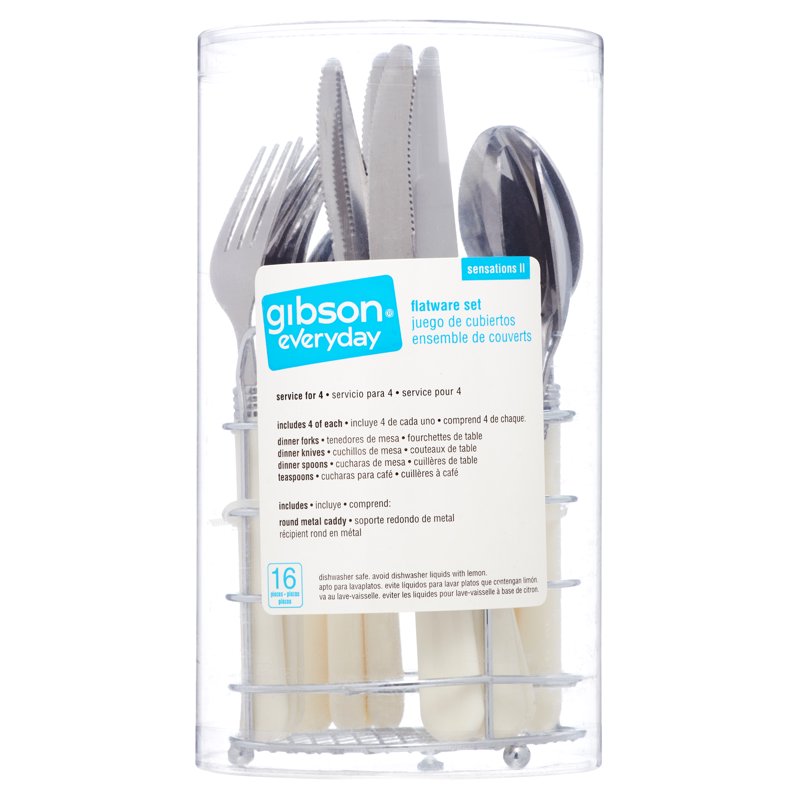 16-Piece Stainless Steel Flatware Set with White Handles & Caddy