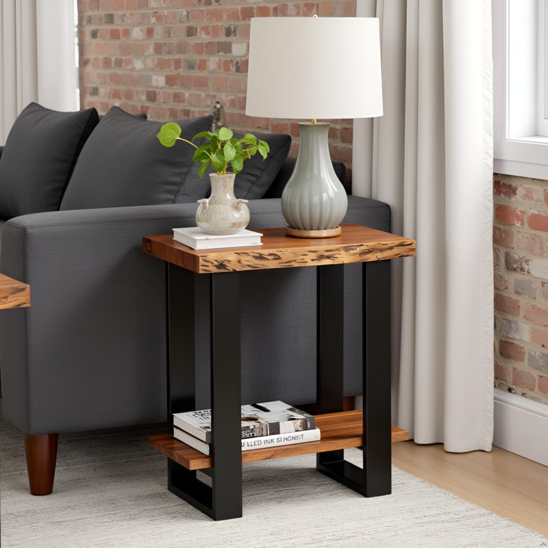 Live Edge Acacia Wood End Table with Storage Shelf