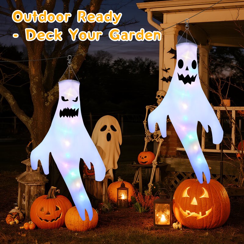 2 Pack Hanging Ghost Halloween Decor - Large Glowing LED Windsock with 3 Modes