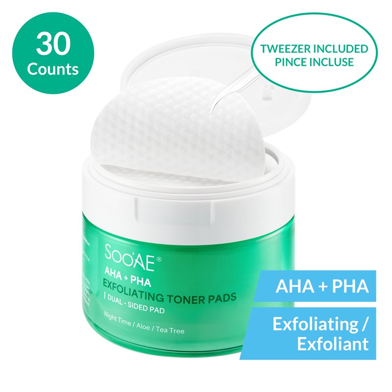 AHA & PHA Exfoliating Toner Pads with Tea Tree and Aloe - 30 Count