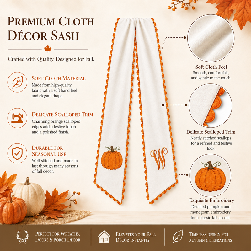 Pumpkin Embroidered Wreath Sash - Fall Orange Scalloped Ribbon for Halloween & Thanksgiving - Variation W