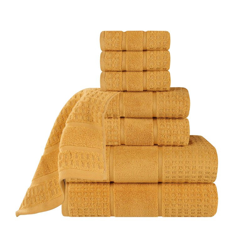 Yellow Gold Cotton Towel Set - 8 Piece Ultra Soft Quick Dry Towels with Waffle Border
