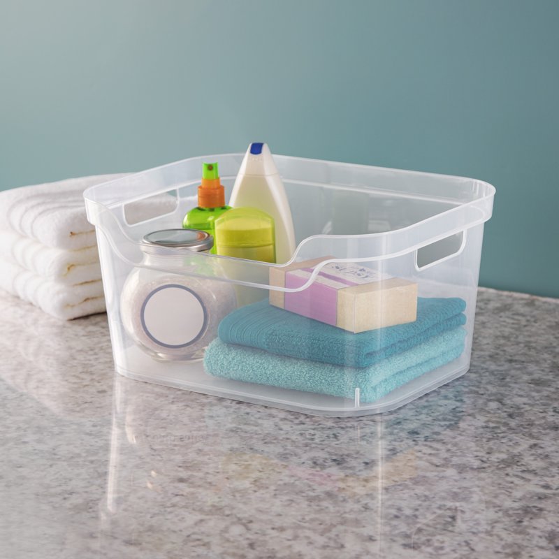 Large Clear Plastic Storage Bin with Scoop Front & Handles for Organizing