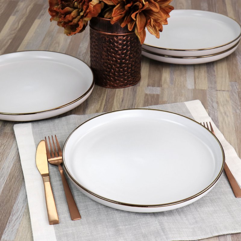 Stoneware Dinner Plate Set - 6 Piece Matte White with Gold Rim