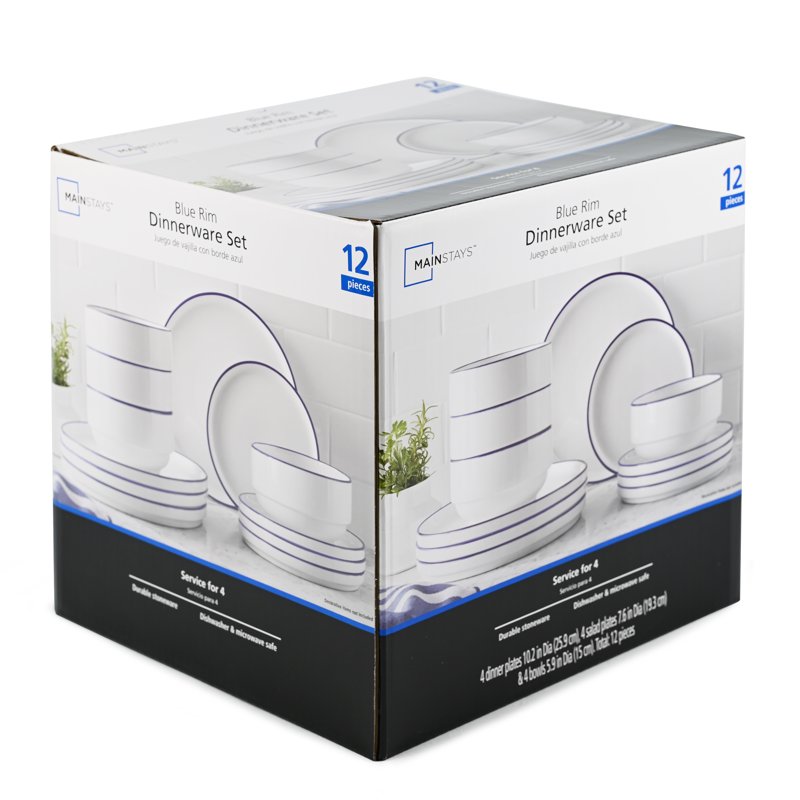 12-Piece Blue Rim Stoneware Dinnerware Set - Round