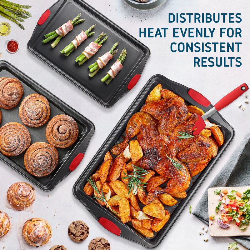 Non-Stick Baking Sheet Set - 3 Piece Carbon Steel with Silicone Handles