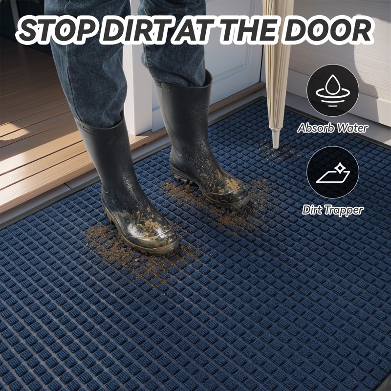 Outdoor Doormat Non-Slip Rubber Entrance Rug 17x30 Checker Blue - Dirt Trapper