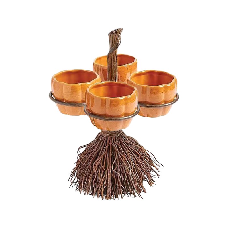 Halloween Candy Bowl Stand with Pumpkin Bowls & Broomstick Base - Variation #003
