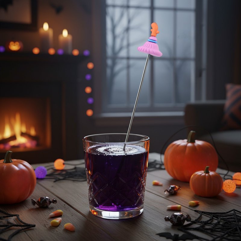 Halloween Pink Stainless Steel Cocktail Mixing Spoon with Ghost & Witch Hat Designs