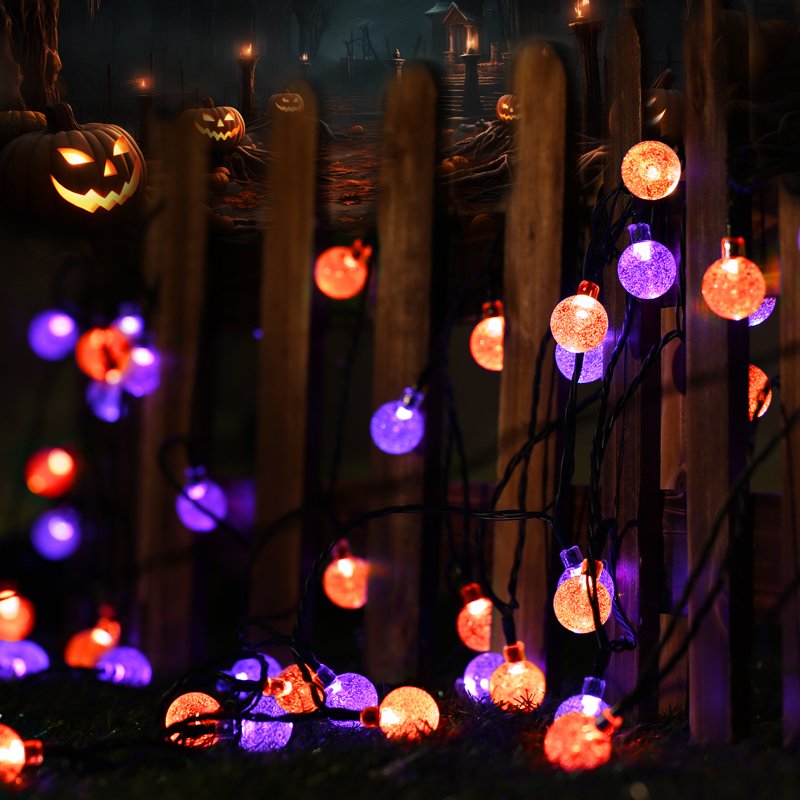 Solar Halloween String Lights Outdoor 35.6ft 60 LED Globe Lights - Orange & Purple, Waterproof, 8 Modes