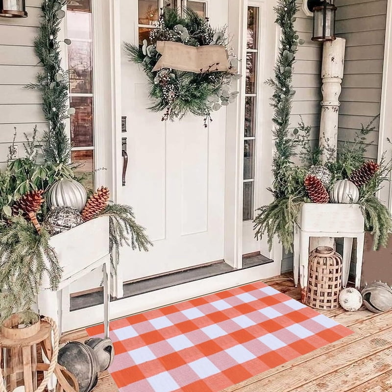 Orange Plaid Fall Outdoor Doormat - Hand-Woven Porch Rug for Thanksgiving & Halloween - Variation: A Orange