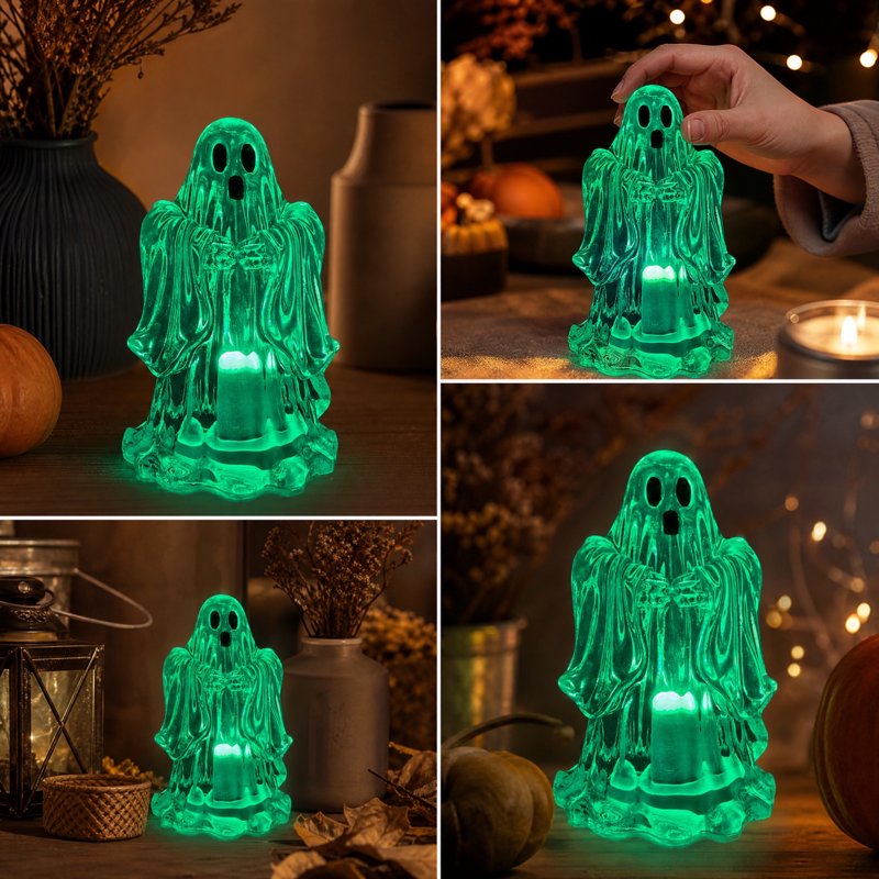 Halloween Green Ghost LED Lamp - Transparent Resin Table Decor - Variation #310White