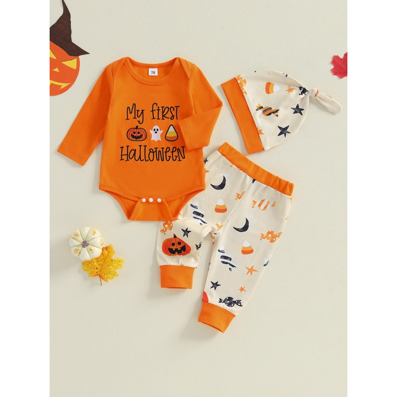 Baby Boy First Halloween Outfit Set - Letter Embroidery Pumpkin Long Sleeve Romper Pants Hat Orange B - 0-3 Months