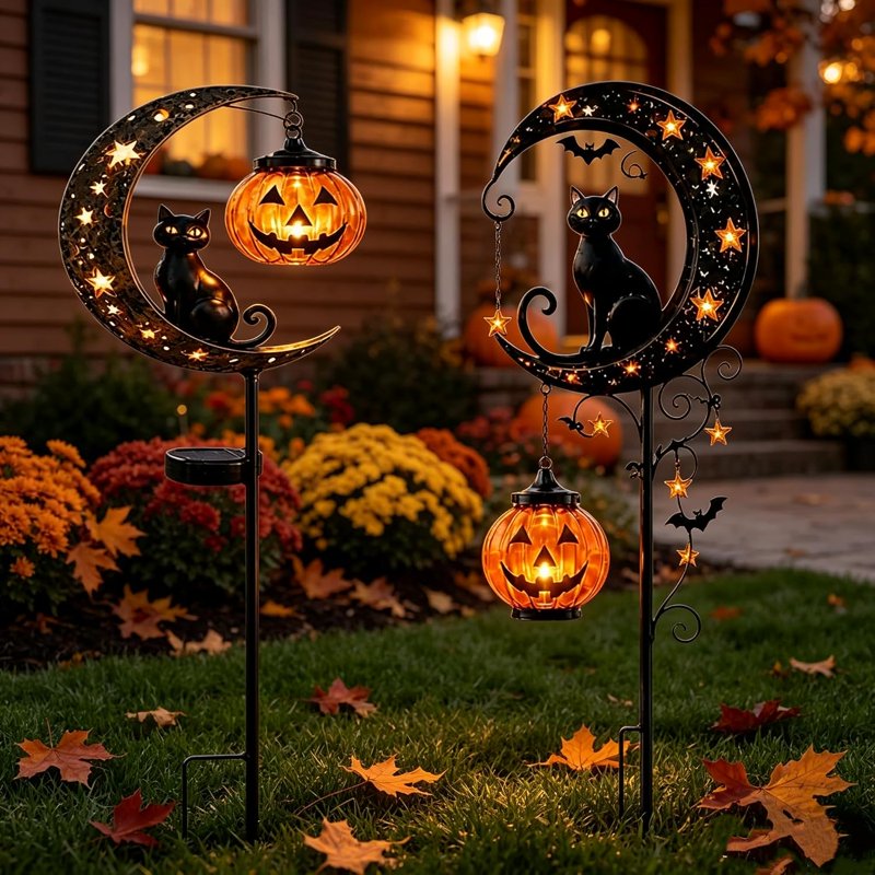 Solar Halloween Black Cat & Pumpkin Moon Garden Stake Light - Outdoor Waterproof Decoration with Crescent Moon - Variation A+C