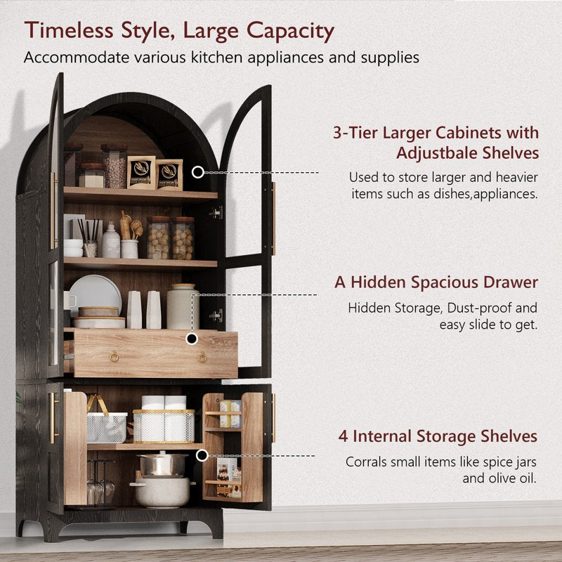 Arched Kitchen Pantry Cabinet with Soft-Close Doors - Black Glass-Enclosed Top Shelf
