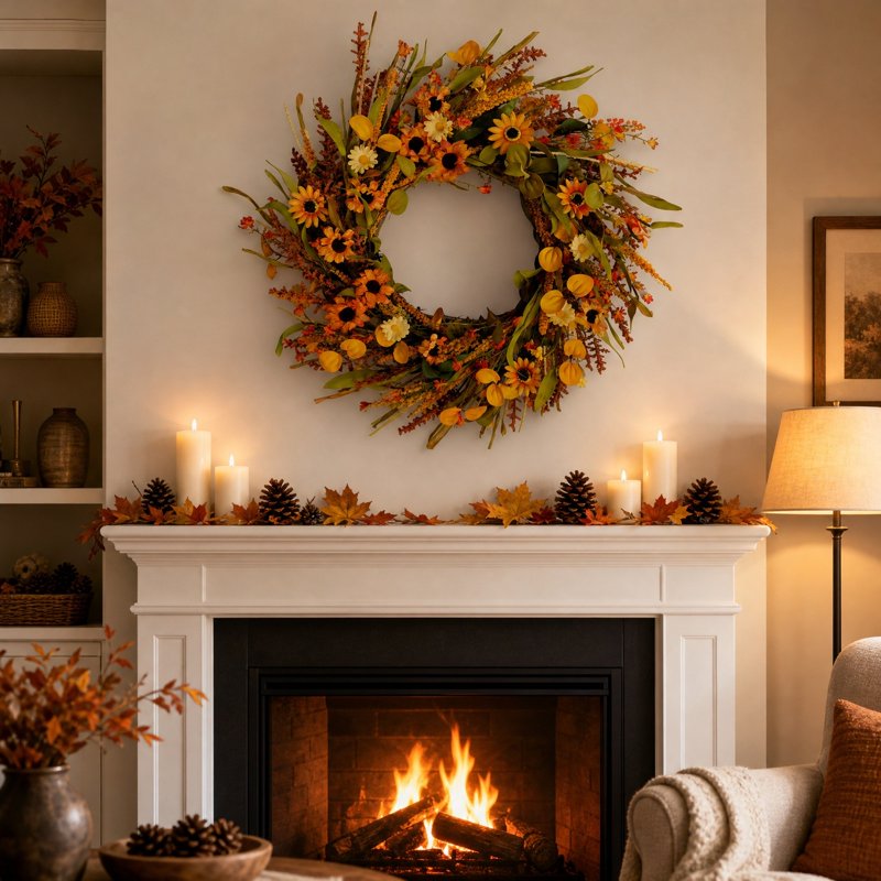 Fall Sunflower Dried Grass Wreath for Front Door Wall Decor, Harvest Garland - 17.7in