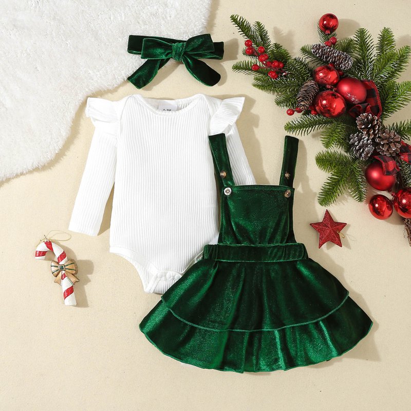 Baby Girl First Christmas Outfit A05-Green 0-3 Months Romper Dress & Skirt Set