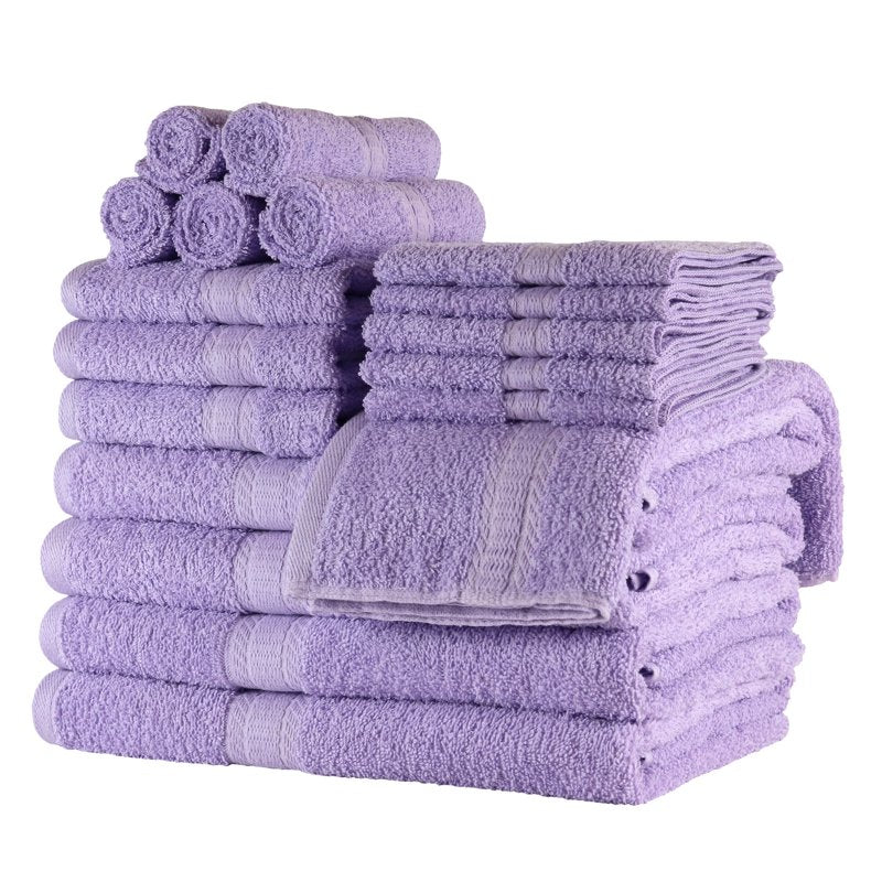Bath Towel Set with Washcloths - 18 Piece Cotton Towels in Lavender - Soft & Absorbent