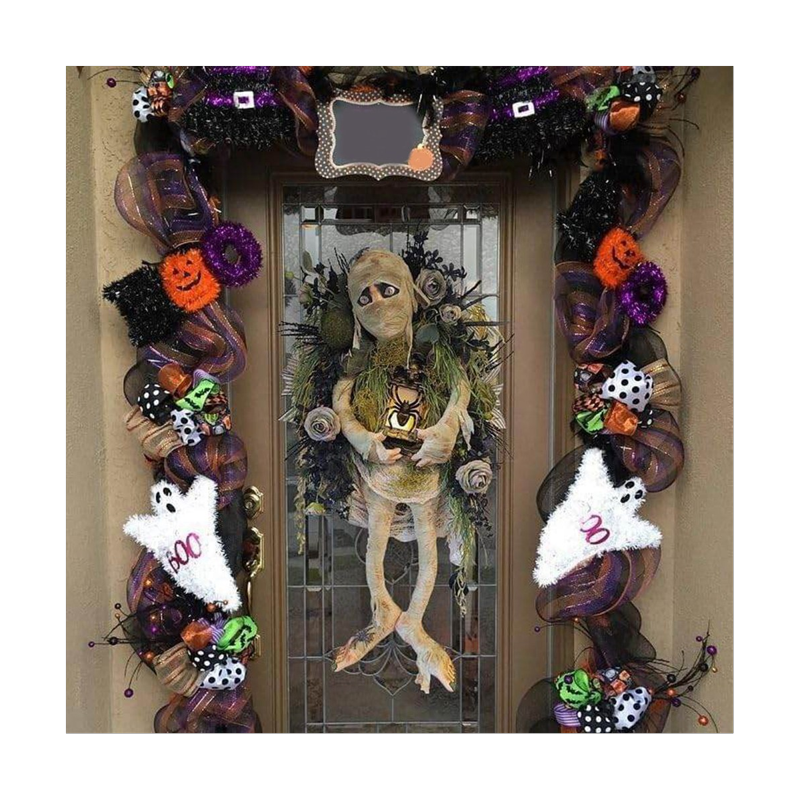 Halloween Mummy Wreath for Front Door Indoor Outdoor Decor - Spooky Fall Gift