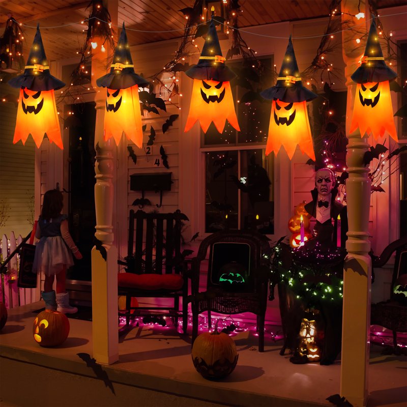 Halloween Ghost Decorations Indoor Outdoor with Witch Hat Lights - Orange, 5 Pack