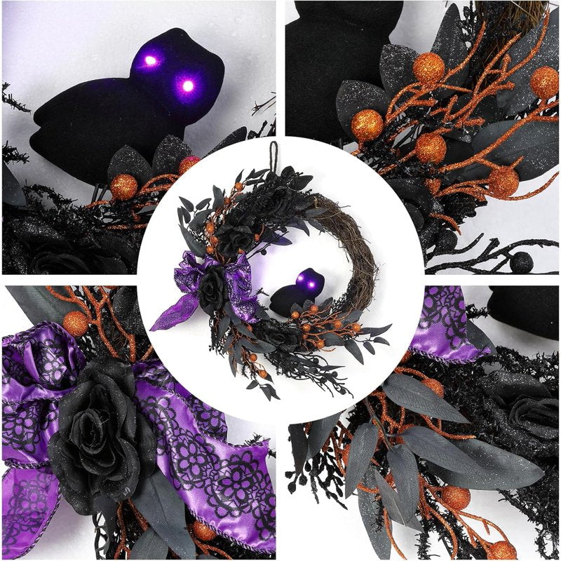20-Inch Prelit Halloween Wreath with Purple Lights, Spooky Door Decor