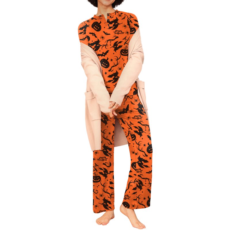Halloween Couple Pajama Sets - Yellow Pumpkin Witch Variant for Women and Men