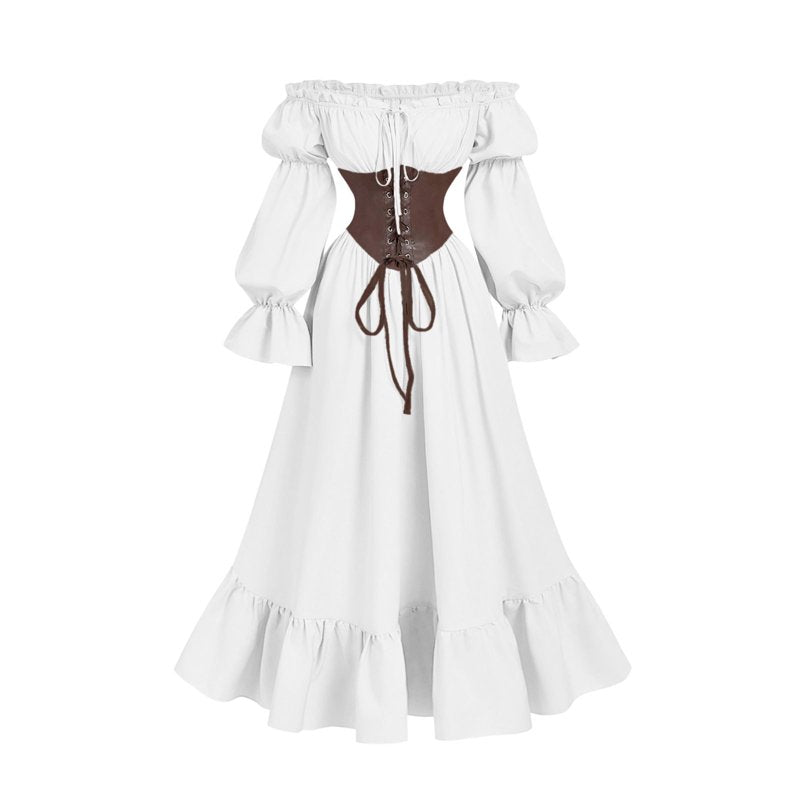 Gothic Corset Maxi Dress for Women Halloween Victorian Long Dress with Puff Sleeves & Ruffle Hem - White XL - Variation BB-White