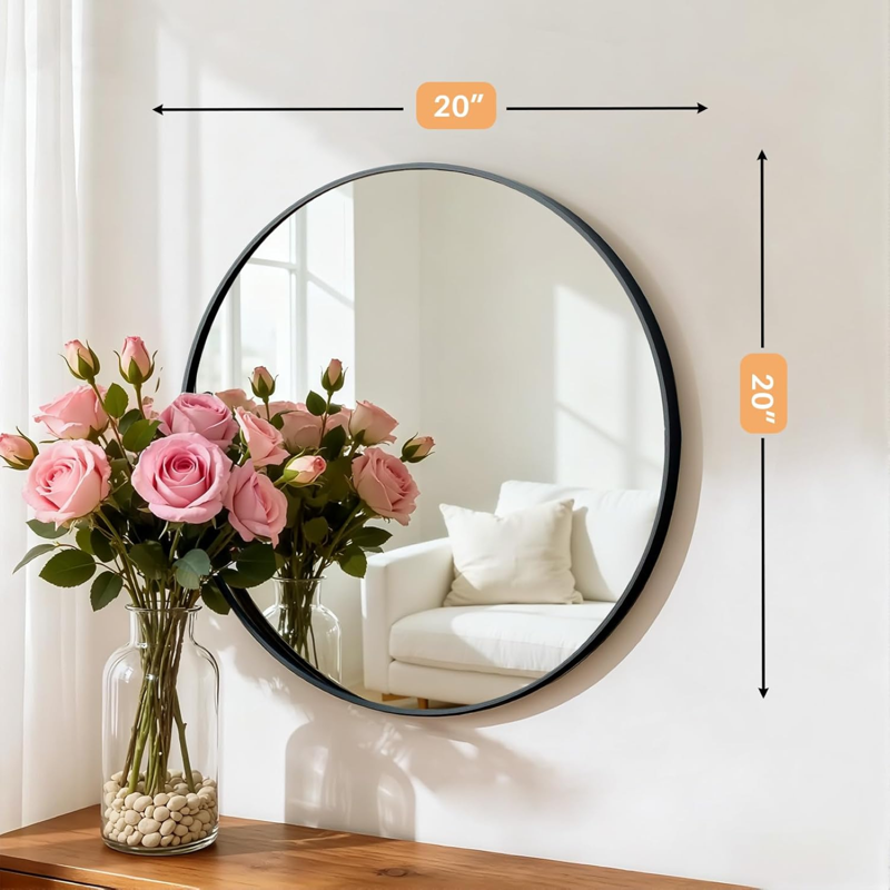 20 Inch Round Wall Mirror with Aluminum Alloy Frame Black - Vanity & Bathroom Decor - Variation of THIS listing