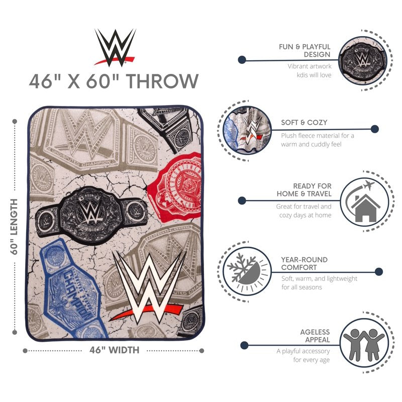 WWE Wrestling Kids Gray Fleece Throw Blanket 46 x 60 - Championship Logo Design