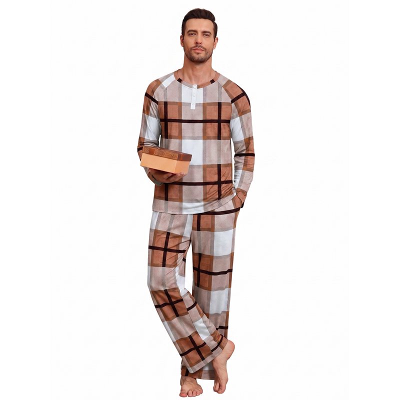 Men's Brown White Plaid Couple Pajama Sets - Soft Sleepwear with Pockets