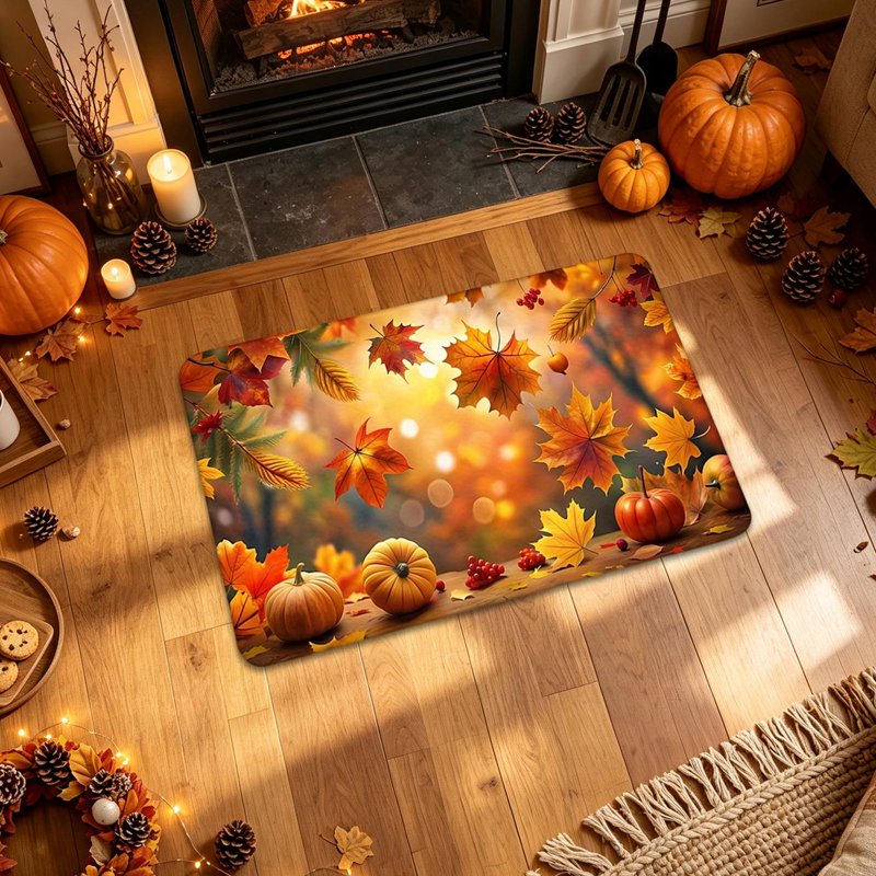 Thanksgiving Harvest Doormat with Maple Leaves & Pumpkins - Seasonal Front Door Mat - 15.75 x 23.62 Inch (C-i)